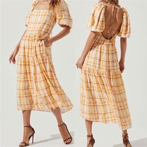NEW ASTR the Label Yellow Plaid Seersucker Midi Dress sz Medium Tiered Picnic